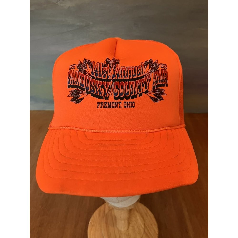 90s Vintage Trucker Hat 1993 Sandusky County Fair Fremont Ohio Orange Cap